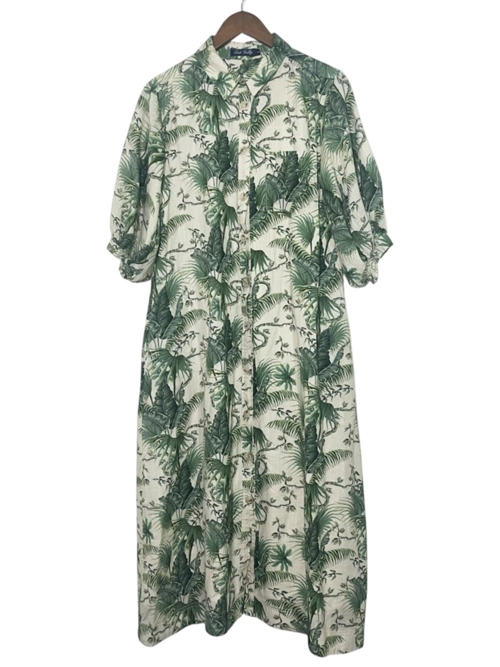Trish Scully Finn Maxi Button Shirt Dress Green Palm Leaf Cotton Size S